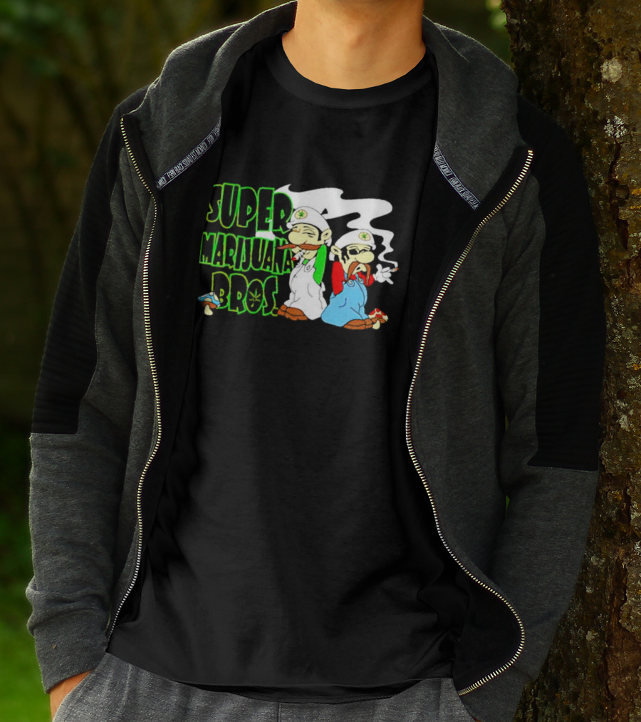 Super Marijuana Bros Weed Parody With Smoking Characters And Mushrooms T-Shirt