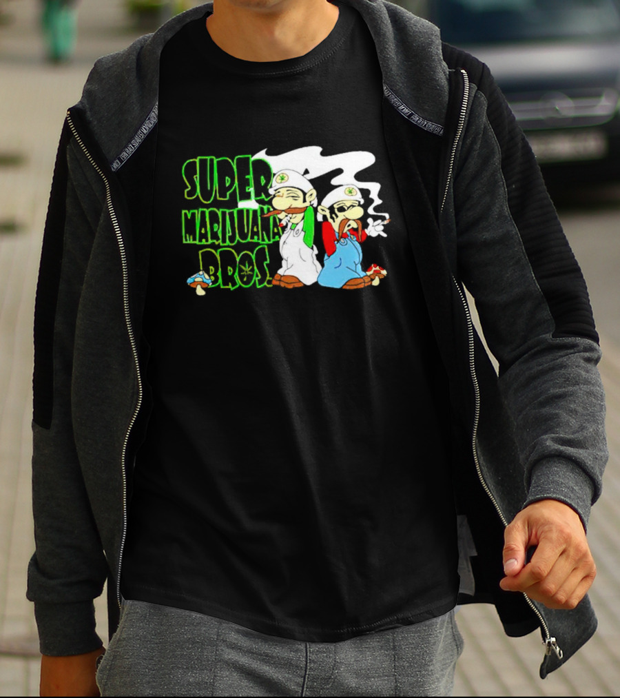 Super Marijuana Bros Weed Parody With Smoking Characters And Mushrooms T-Shirt