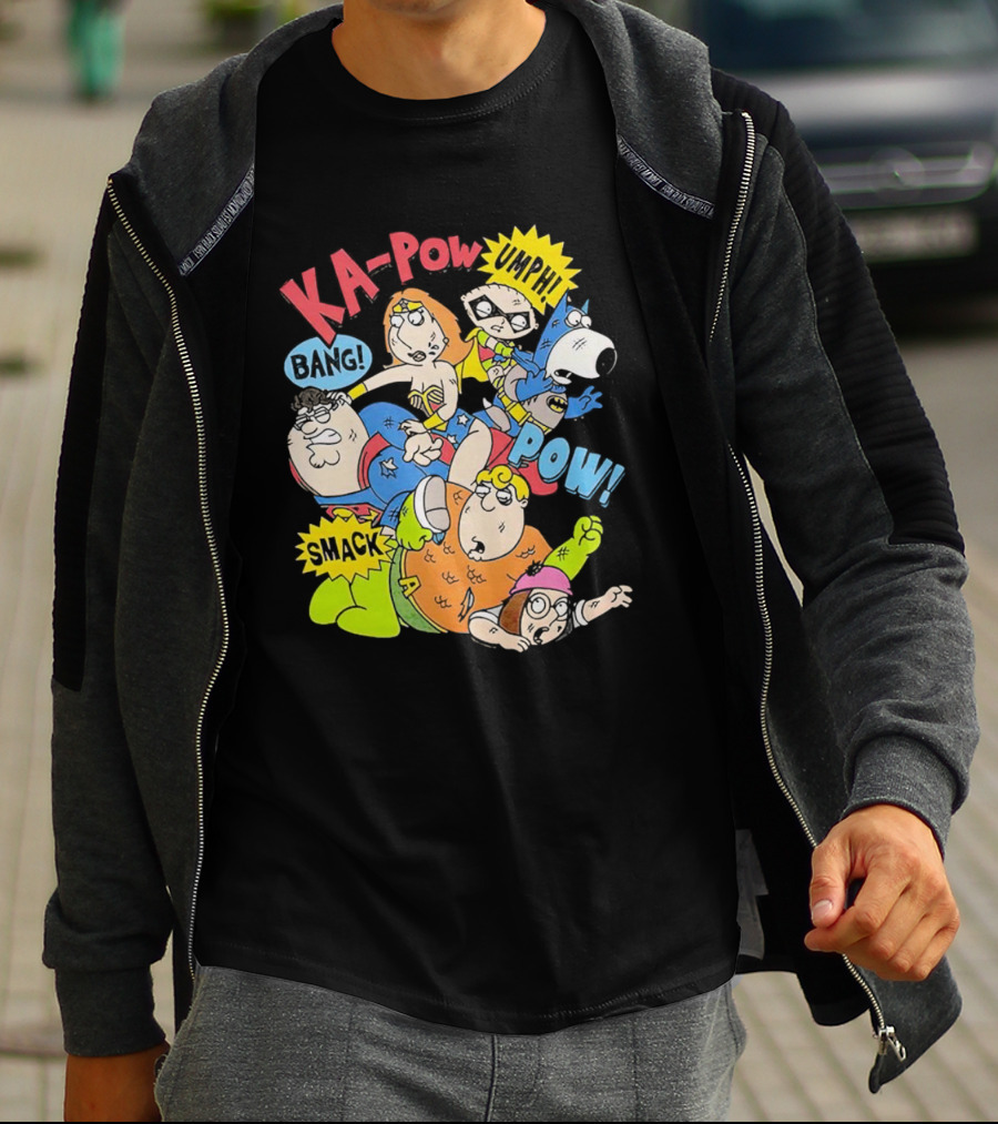 Family Guy Superhero Stewie Brian Peter Lois Chris Meg Ka-Pow Bam Pow Smack Bang T-Shirt