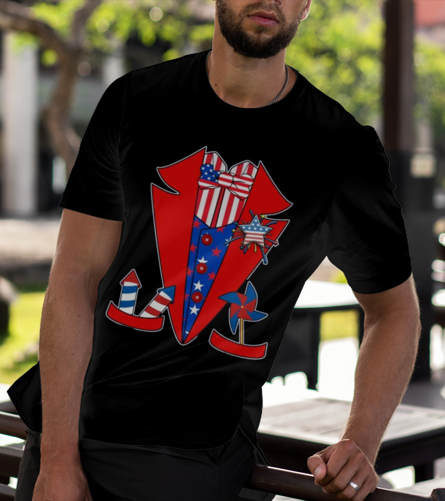 Patriotic Red White Blue Tuxedo With Stars Stripes And Rocket Pinwheels T-Shirt