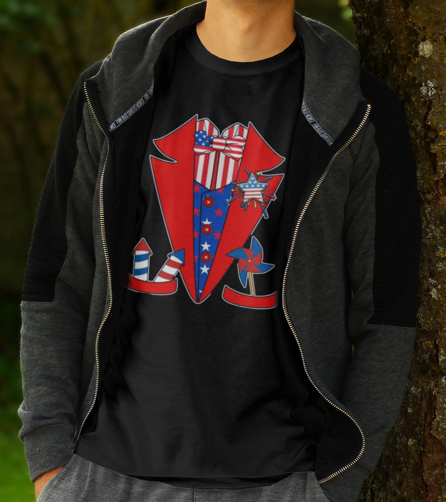 Patriotic Red White Blue Tuxedo With Stars Stripes And Rocket Pinwheels T-Shirt