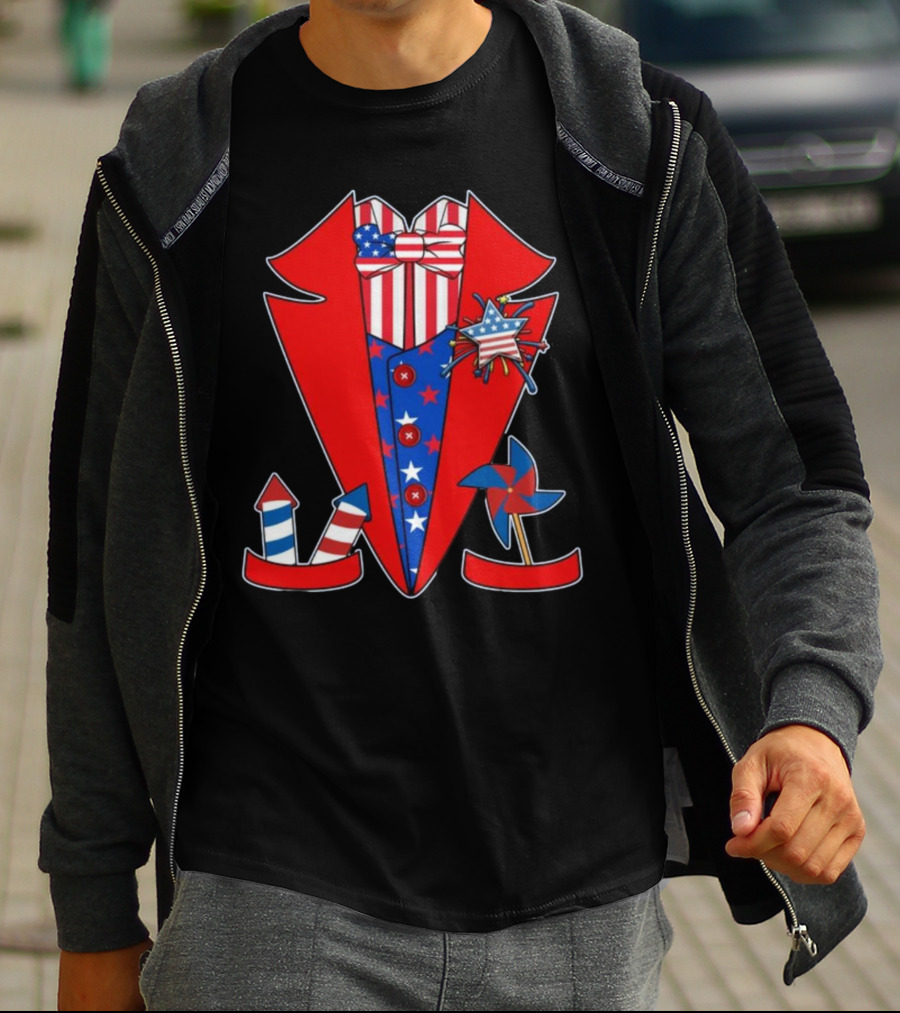 Patriotic Red White Blue Tuxedo With Stars Stripes And Rocket Pinwheels T-Shirt