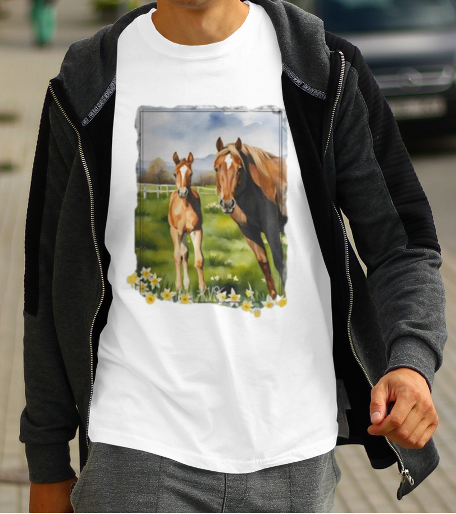 Ginger And Freddie Horses In Scenic Pasture With Daffodils T-Shirt