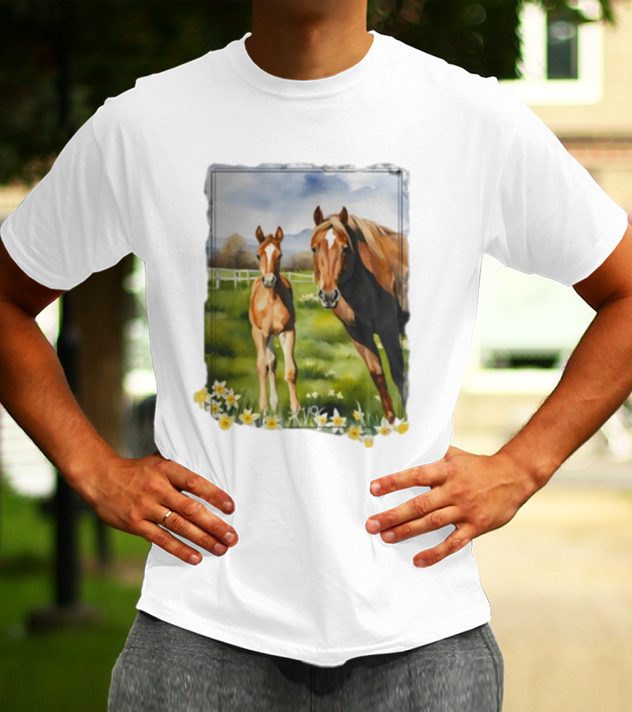 Ginger And Freddie Horses In Scenic Pasture With Daffodils T-Shirt