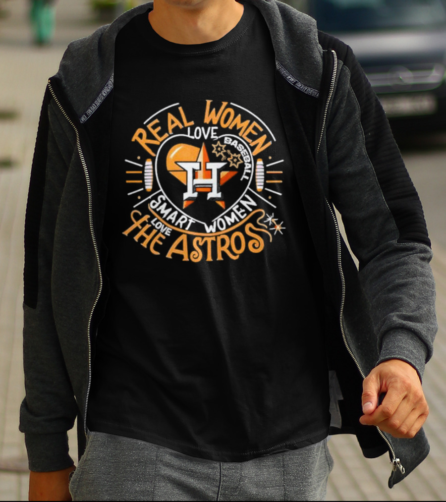 Real Women Love Baseball Smart Women Love The Houston Astros Balloon Heart T-Shirt