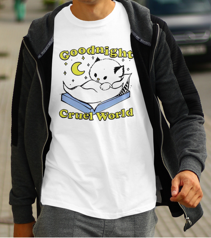 Goodnight Cruel World Cat On Open Book With Moon And Stars T-Shirt