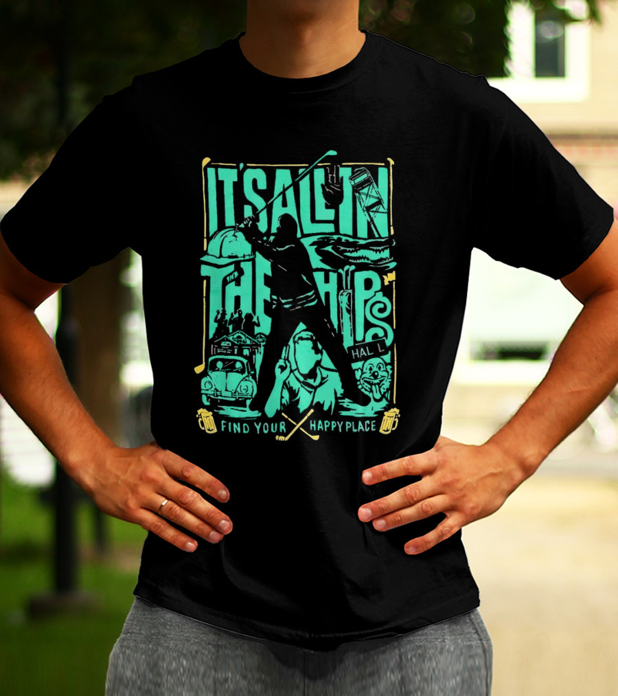 It's All In The Hips Happy Place Golf Silhouette Vintage Cars Golfers T-Shirt