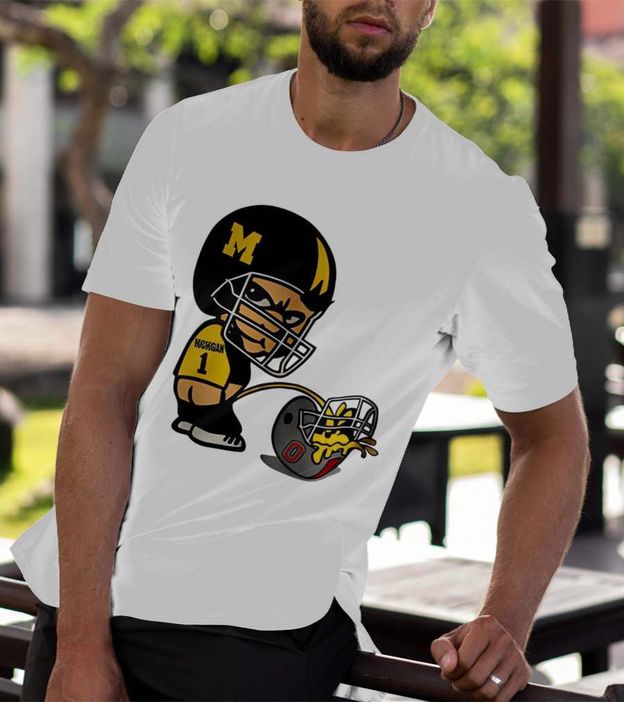 Michigan Wolverines M Football Player Pissing On Ohio State Helmet With O T-Shirt