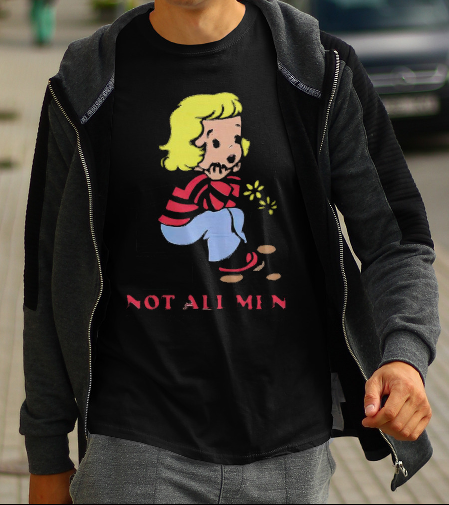 Not All Men But Somehow Always A Man Cartoon Character Sitting On Steps With Flowers T-Shirt
