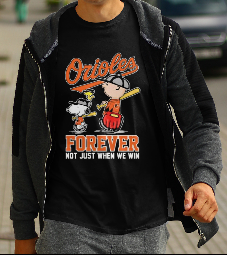 Orioles Forever Not Just When We Win Charlie Brown Snoopy Woodstock Walking T-Shirt