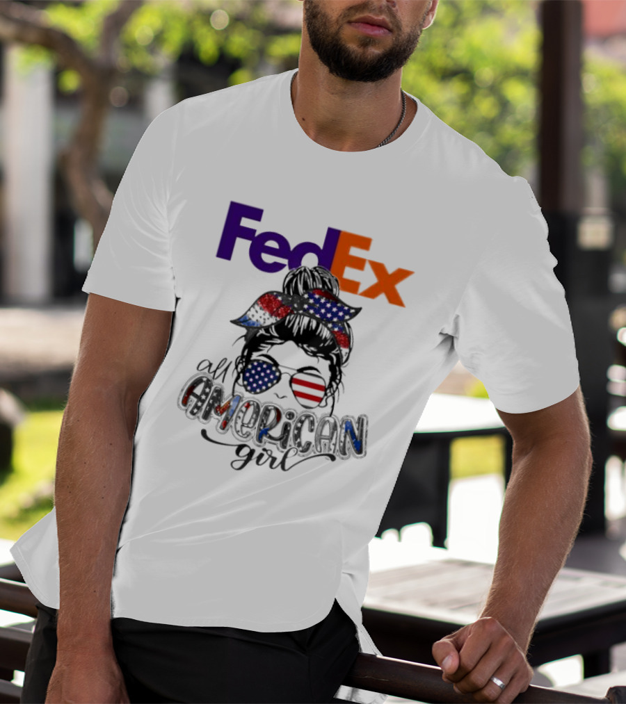 FedEx All American Girl Messy Bun Bandana And Sunglasses With Flag Elements T-Shirt