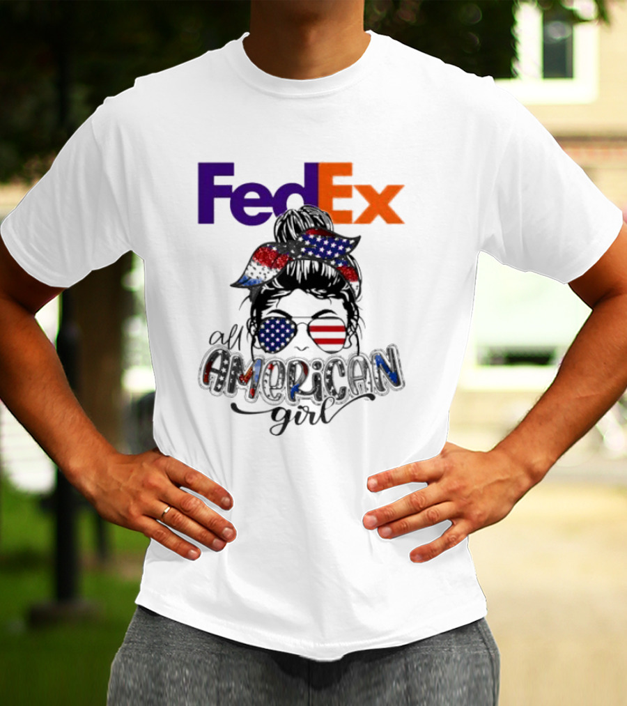 FedEx All American Girl Messy Bun Bandana And Sunglasses With Flag Elements T-Shirt