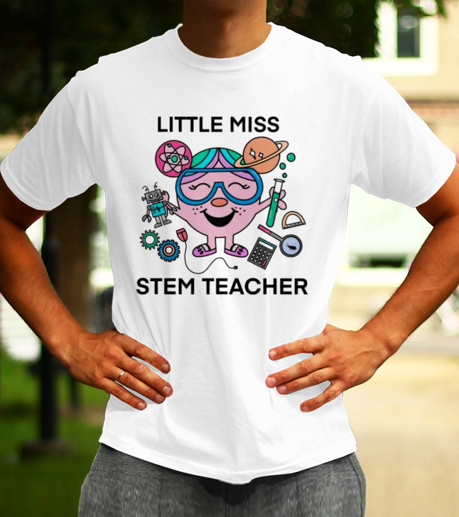 Little Miss STEM Teacher Science Icons Robot Atom Calculator Planets Gears T-Shirt