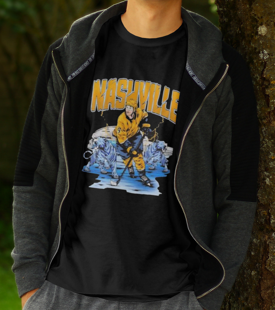 Nashville Predators Filip Forsberg Hockey Number 9 Action With Ice Background And Predators Lions T-Shirt