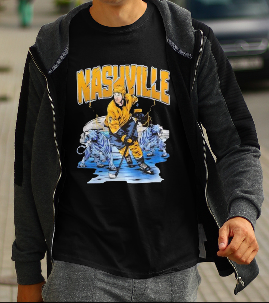 Nashville Predators Filip Forsberg Hockey Number 9 Action With Ice Background And Predators Lions T-Shirt