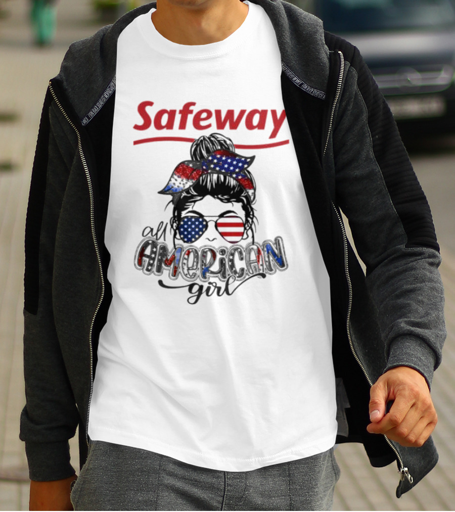 Safeway All American Girl Messy Bun Red White Blue Glasses Bandana T-Shirt