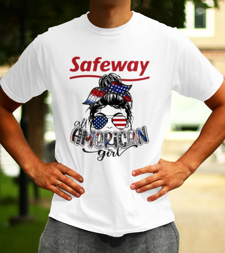 Safeway All American Girl Messy Bun Red White Blue Glasses Bandana T-Shirt