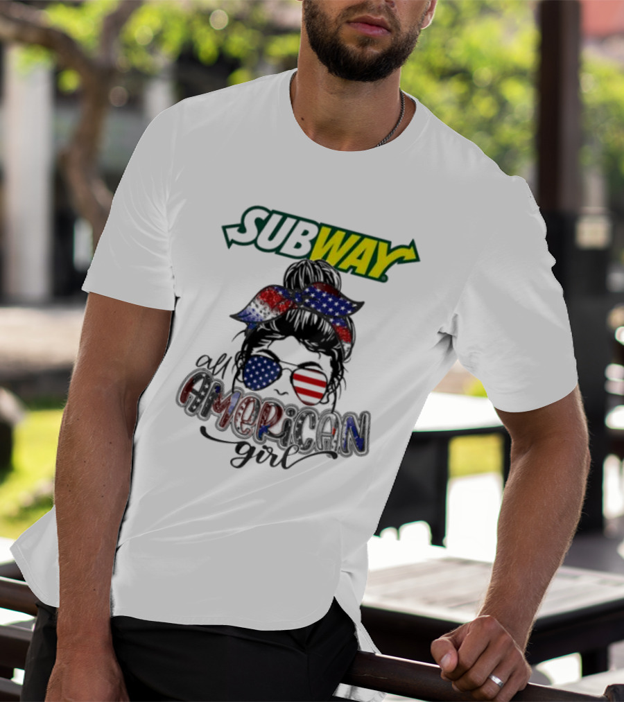 Subway All American Girl Messy Bun Patriotic Bandana And Sunglasses T-Shirt