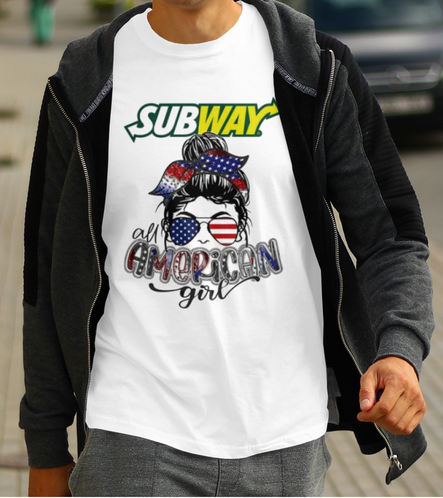 Subway All American Girl Messy Bun Patriotic Bandana And Sunglasses T-Shirt