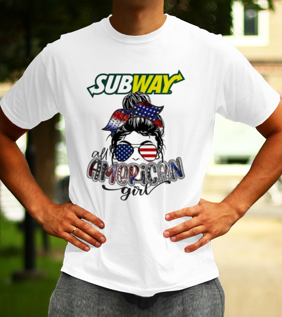 Subway All American Girl Messy Bun Patriotic Bandana And Sunglasses T-Shirt