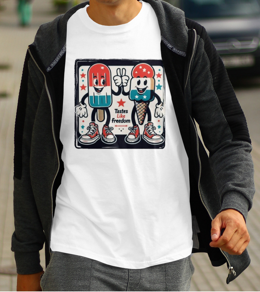 Tastes Like Freedom Popsicle And Ice Cream Characters With Stars And Sneakers T-Shirt
