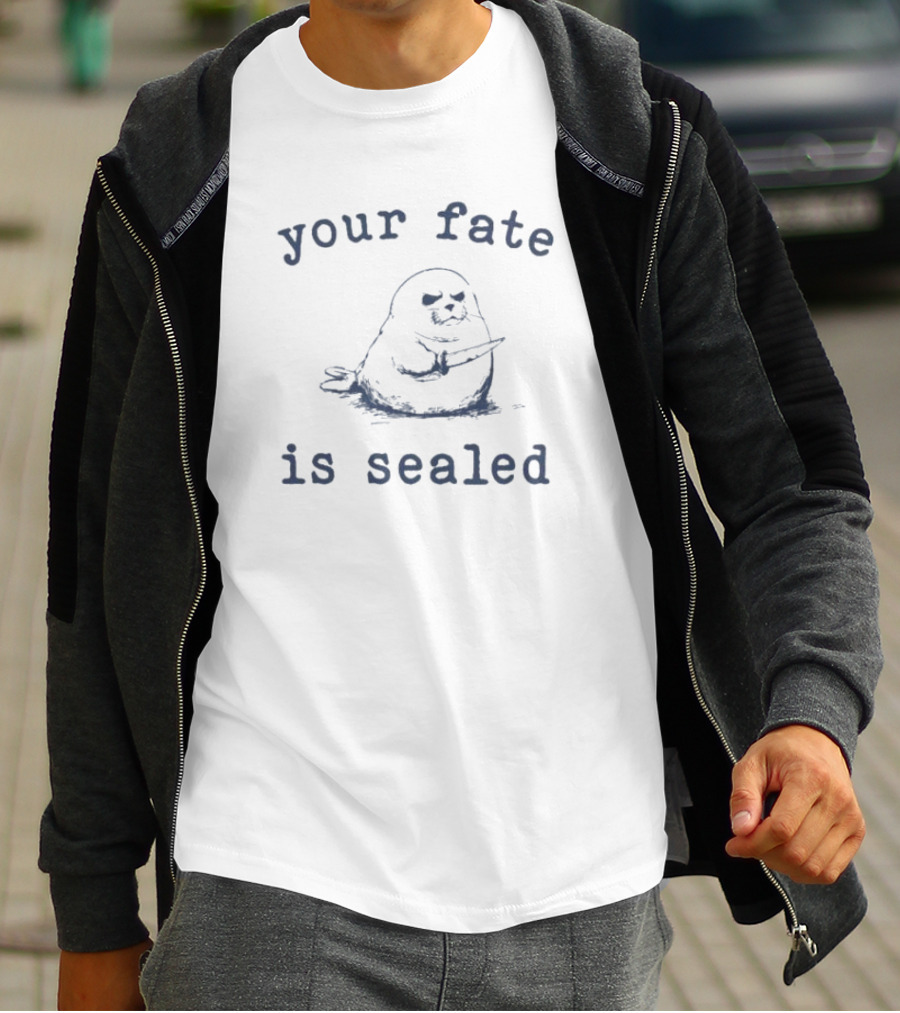 Your Fate Is Sealed Funny Pun With Grumpy Seal Holding Knife T-Shirt