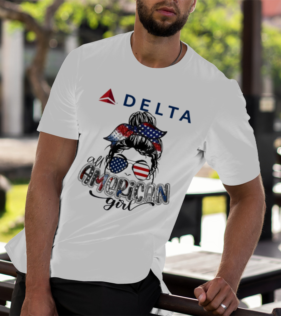 Delta Air Lines All American Girl Messy Bun Stars Stripes Bandana Sunglasses T-Shirt