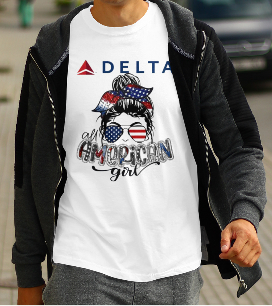 Delta Air Lines All American Girl Messy Bun Stars Stripes Bandana Sunglasses T-Shirt