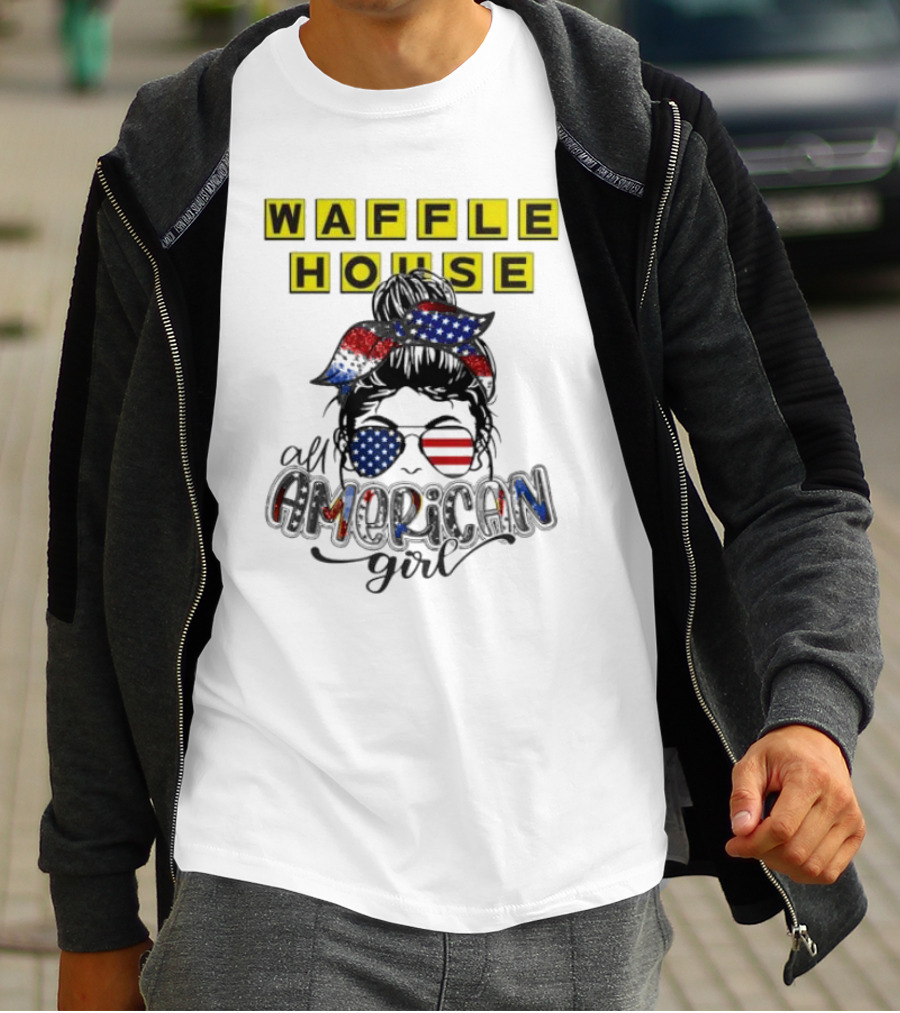 Waffle House All American Girl Messy Bun Patriotic USA Flag Glasses T-Shirt
