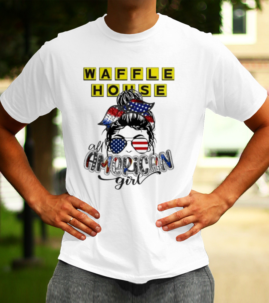 Waffle House All American Girl Messy Bun Patriotic USA Flag Glasses T-Shirt
