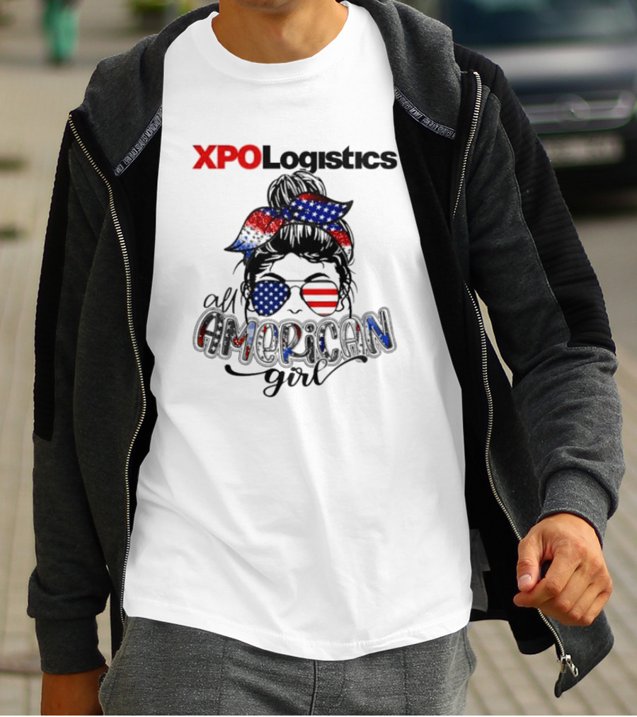XPO Logistics All American Girl Messy Bun Red White Blue Glasses Stars Stripes T-Shirt