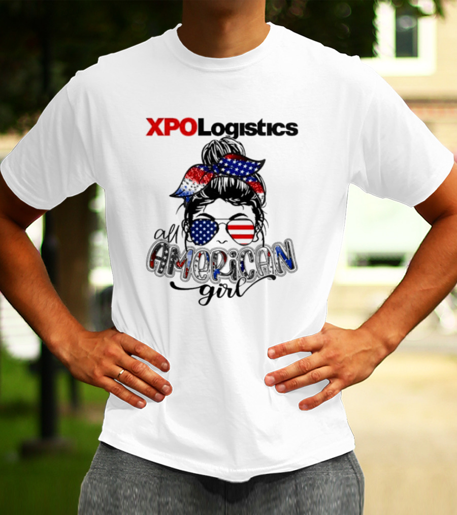 XPO Logistics All American Girl Messy Bun Red White Blue Glasses Stars Stripes T-Shirt