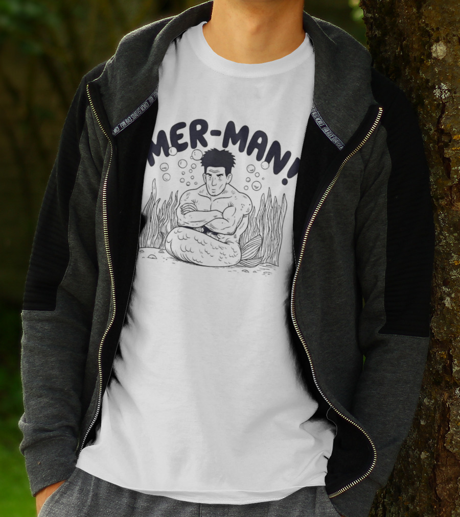 MER-MAN Cross-Armed Mermaid With Bubbles And Seaweed T-Shirt