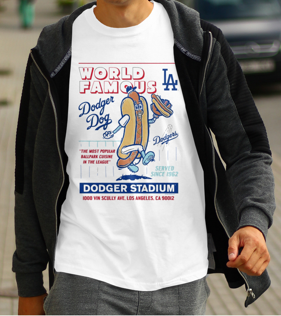 World Famous Dodger Stadium LA Dodger Dog 1000 Vin Scully Ave Los Angeles CA 90012 Served Since 1962 T-Shirt