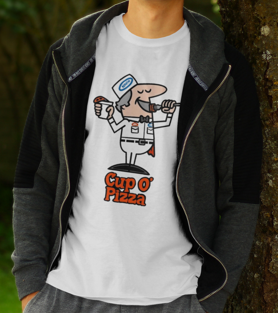 Cup O' Pizza Cartoon Character Eating From A Fork And Cup T-Shirt