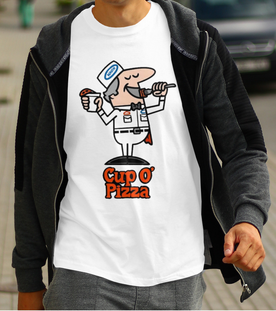 Cup O' Pizza Cartoon Character Eating From A Fork And Cup T-Shirt