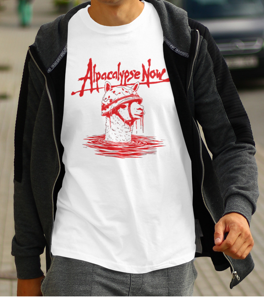 Alpacalypse Now Llama With Military Helmet Emerging From Water T-Shirt