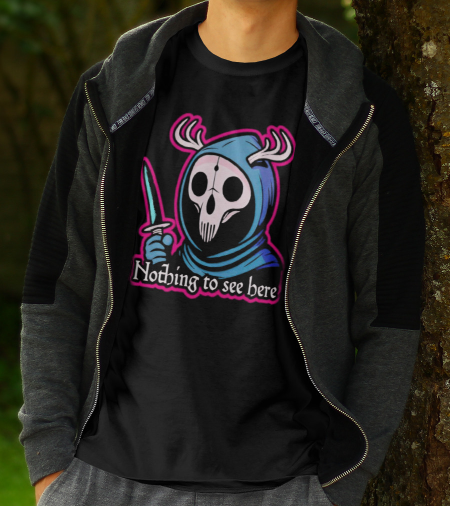 Grim Reaper Nothing To See Here Skull Hood Antlers Knife T-Shirt