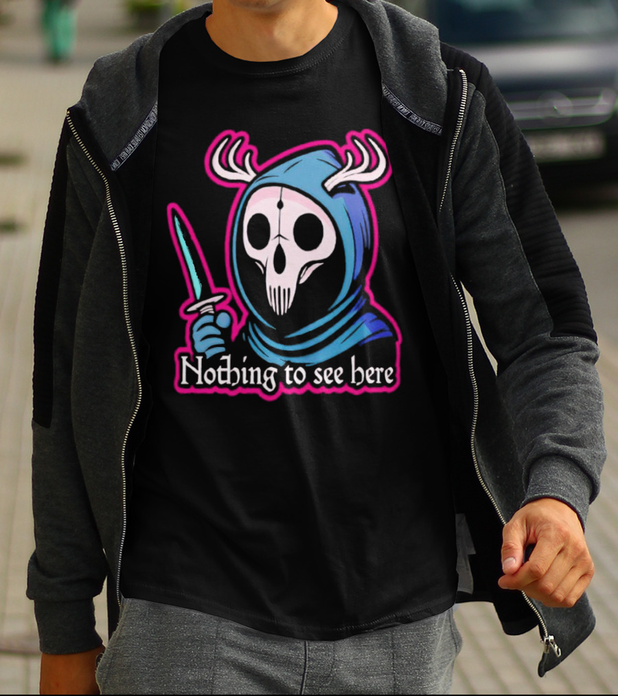 Grim Reaper Nothing To See Here Skull Hood Antlers Knife T-Shirt