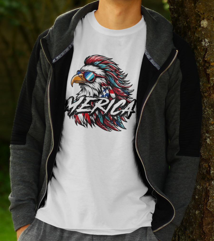 Merica Mullet Eagle With Patriotic Sunglasses And Americana Colors T-Shirt
