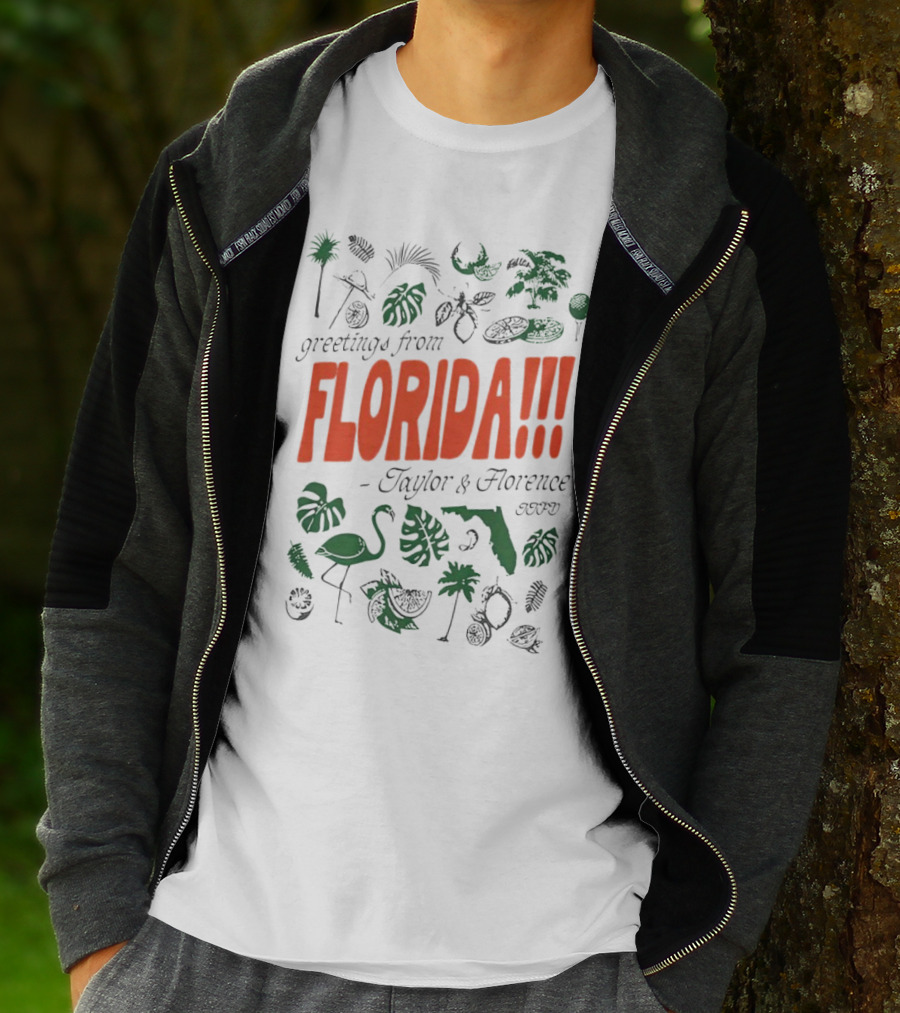 Greetings From Florida Taylor And Florence TTPD Flamingo Palm Map Iconic Tropical T-Shirt