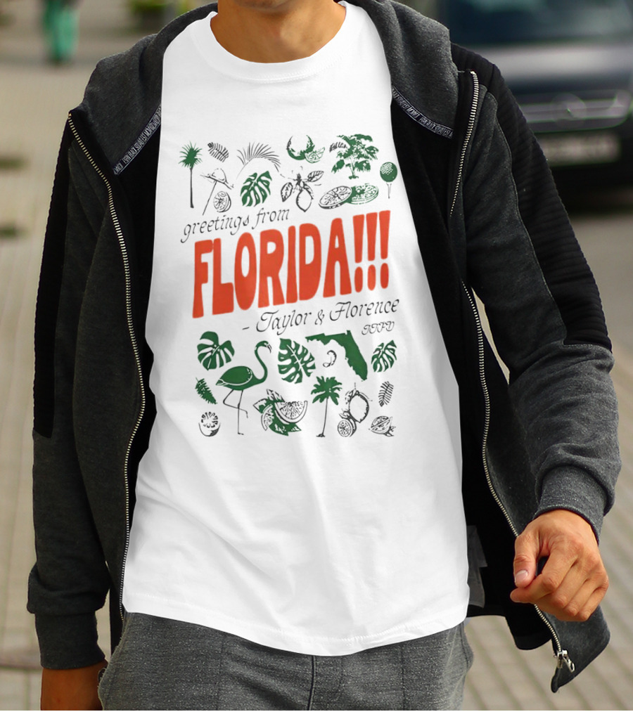 Greetings From Florida Taylor And Florence TTPD Flamingo Palm Map Iconic Tropical T-Shirt
