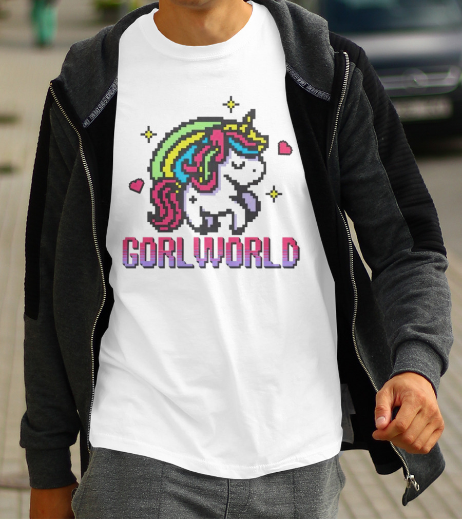 Gorl World Unicorn Retro Pixel Art Rainbow Hearts T-Shirt