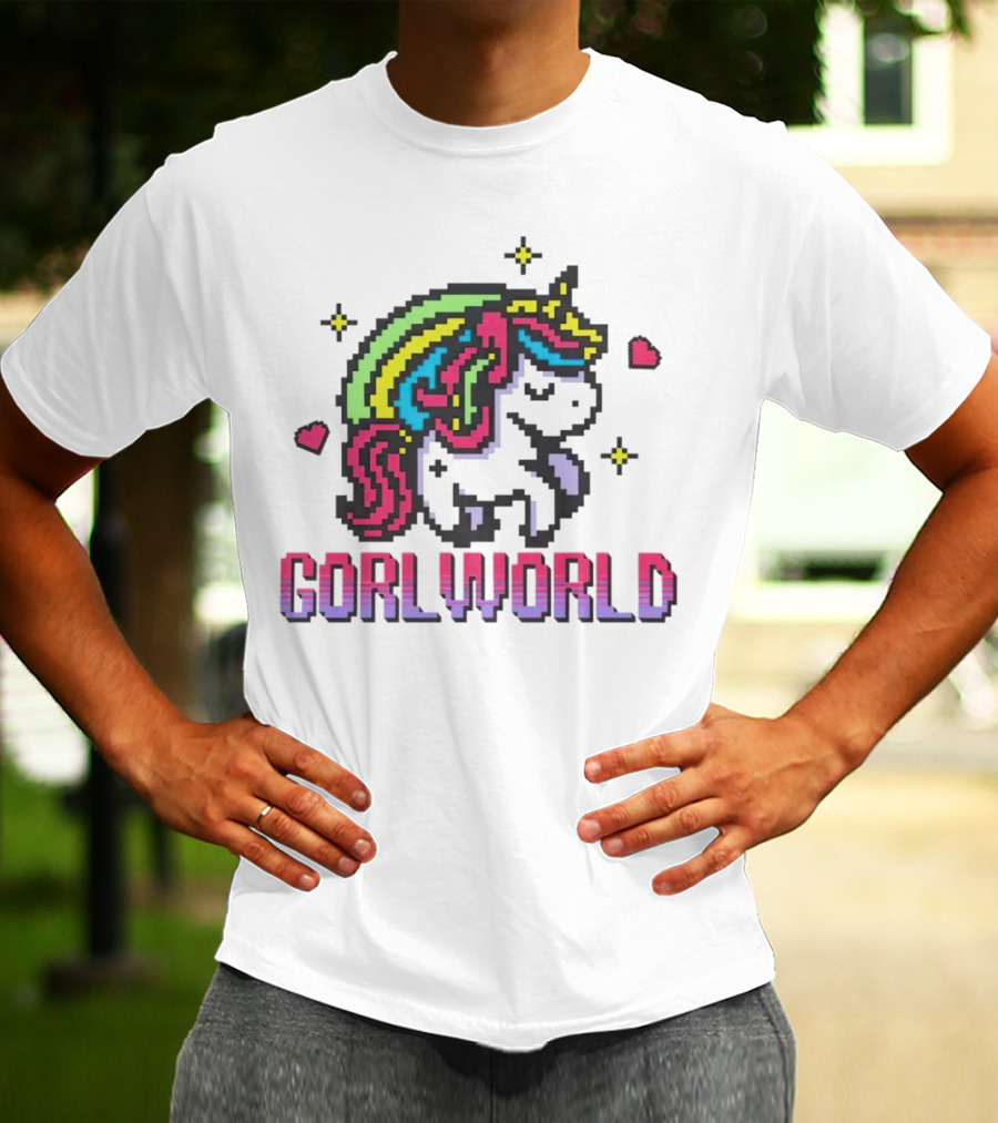 Gorl World Unicorn Retro Pixel Art Rainbow Hearts T-Shirt