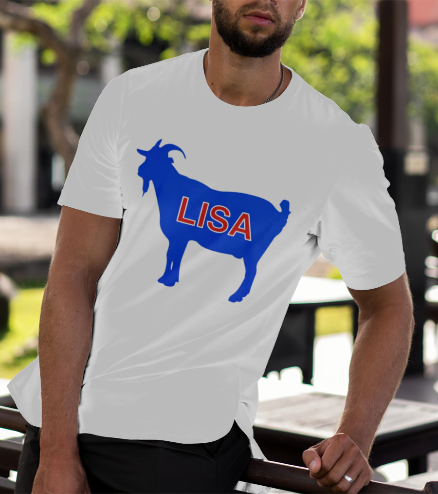 Lisa L Dubbs Goat Silhouette With Name In Bold Red Letters Blue Background T-Shirt