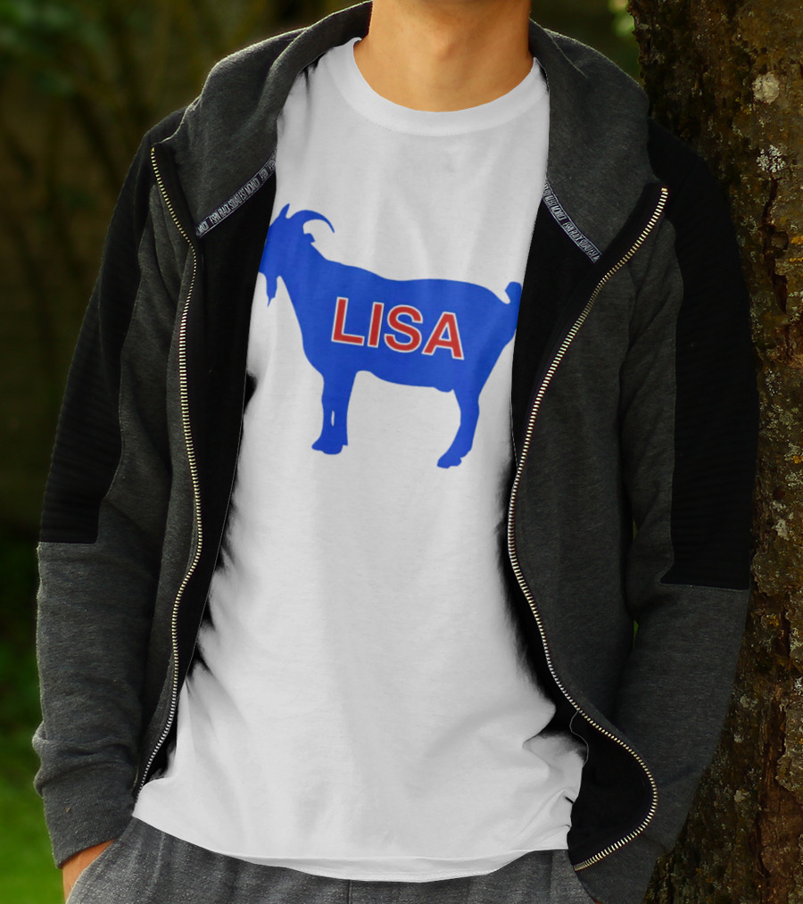 Lisa L Dubbs Goat Silhouette With Name In Bold Red Letters Blue Background T-Shirt