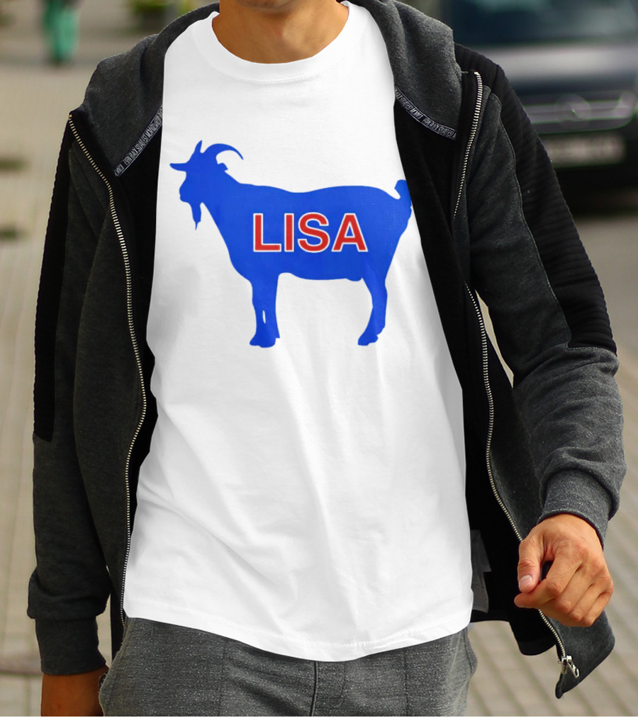 Lisa L Dubbs Goat Silhouette With Name In Bold Red Letters Blue Background T-Shirt