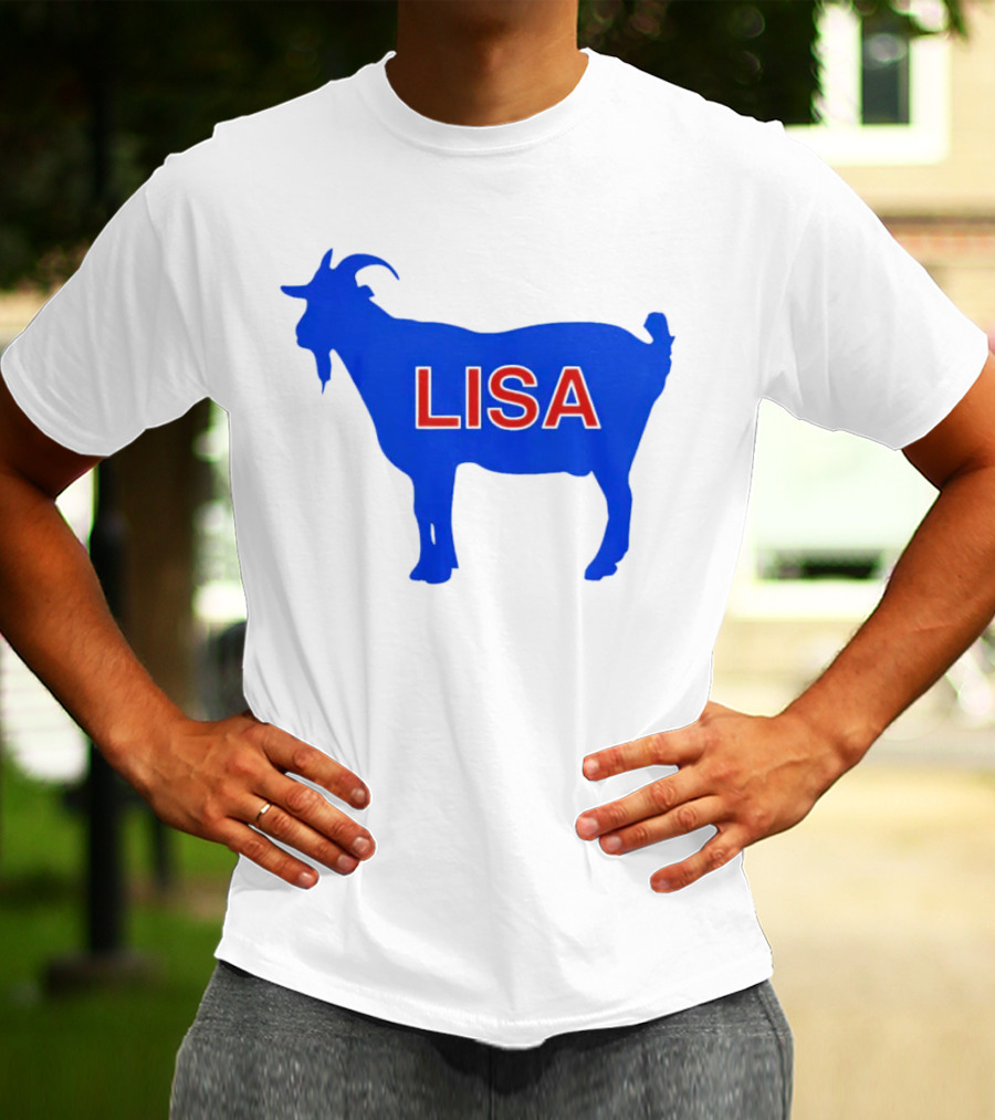 Lisa L Dubbs Goat Silhouette With Name In Bold Red Letters Blue Background T-Shirt