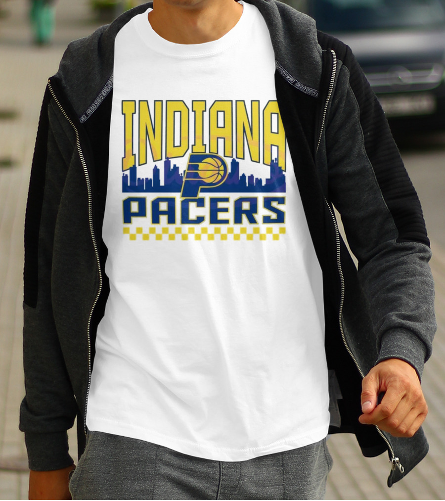 Indiana Pacers NBA Logo Skyline With Checkered T-Shirt
