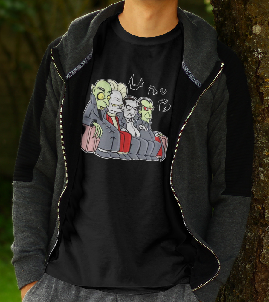 Various Versions Of Draculas Seated On A Couch With Bat Symbols T-Shirt